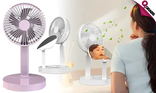 Rechargeable 2-in-1 Folding Fan & Mirror!